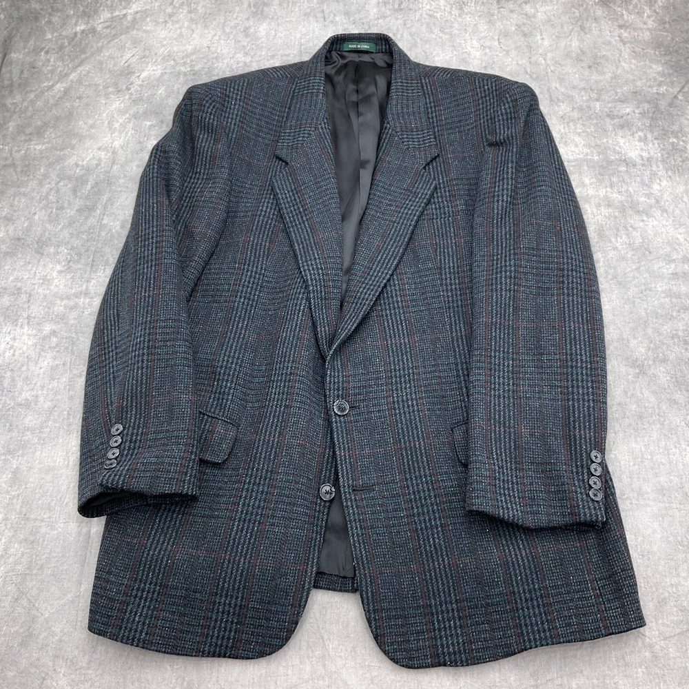 Hill & Archer Blazer Men 46L Blue Gray Red Windowpane Plaid Wool Tweed VTG‎